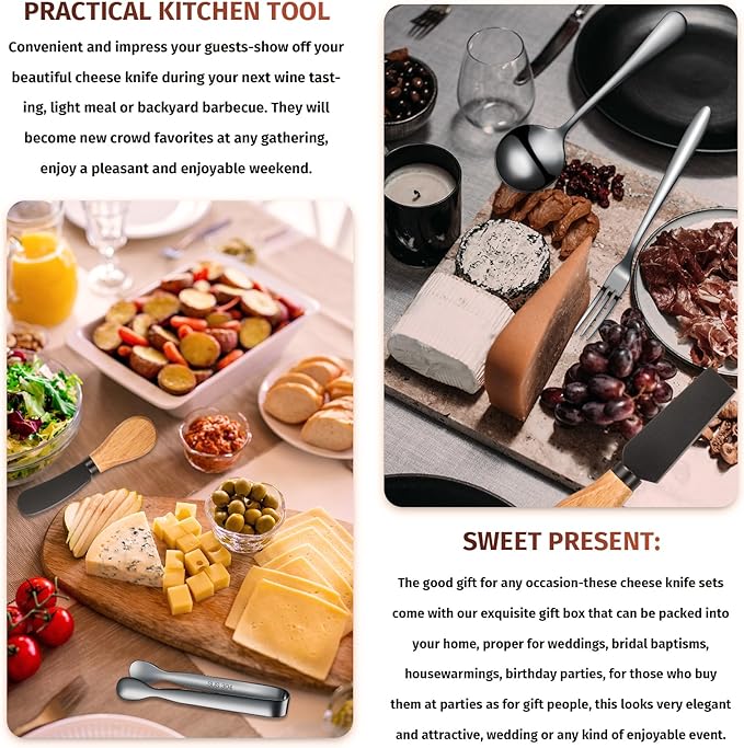 18 Pieces Charcuterie Board Accessories Spreader Knife Set Cheese Butter Spreader Knife Charcuterie Utensils with Wooden Handles Mini Serving Tongs Spoons Forks for party Wedding Christmas (Black)