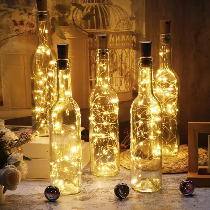 Rtteri 12 Sets Small Empty Wine Bottles with Cork Lights Centerpiece and 30 LED Battery Operated Cork Lights for Birthday Wedding Party Decoration(375 ml,Warm White)