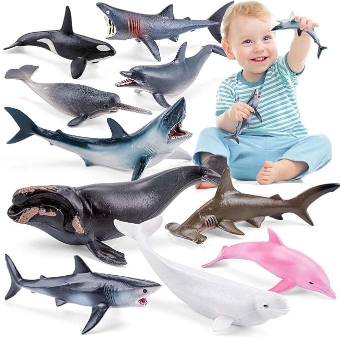 10PCS 5-6" Sea Animal Toys for Toddlers, Bath Ocean Animal Whale Shark Figurines Toys for Kids, Cake Toppers Birthday Party Favors & Gifts for Boys & Girls