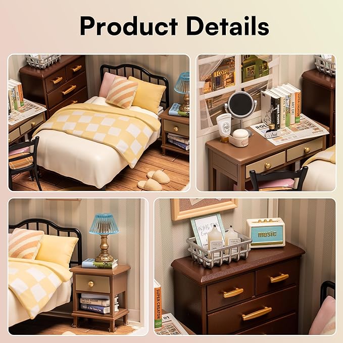 ROBOTIME DIY Miniature House Kit Mini Dollhouse Building Toy Set Plastic Tiny Room Making Kit with Accessories Model Room Craft Hobby Decent Gifts (Sweet Dream Bedroom)