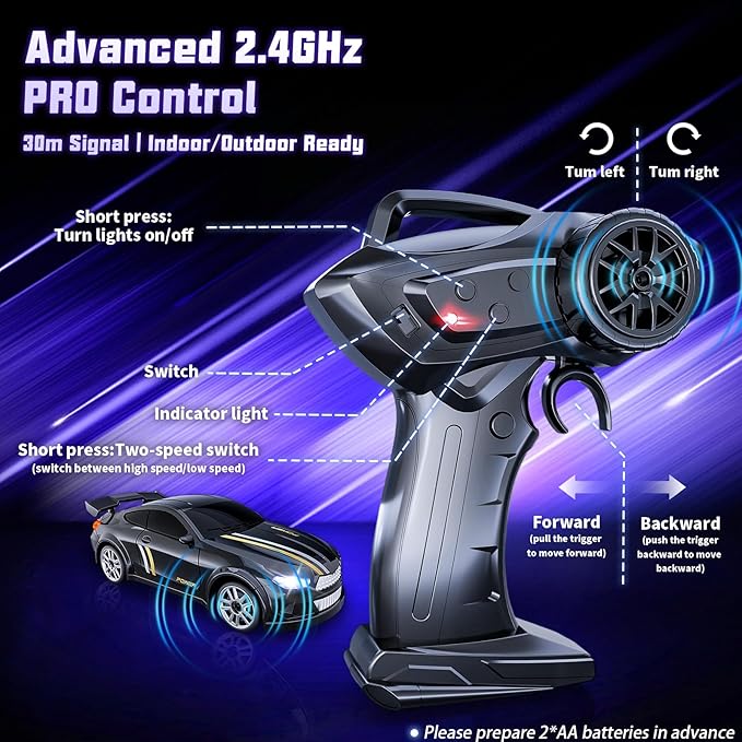 Mini RC Drift Car 1:64 Scale, Remote Control Car with LED Lights & 2-Speed Modes, 2.4GHz Stunt Drifting RC Toys with 4 Obstacles & Track Mat, Hobby Gift for Kids & Adults, Black