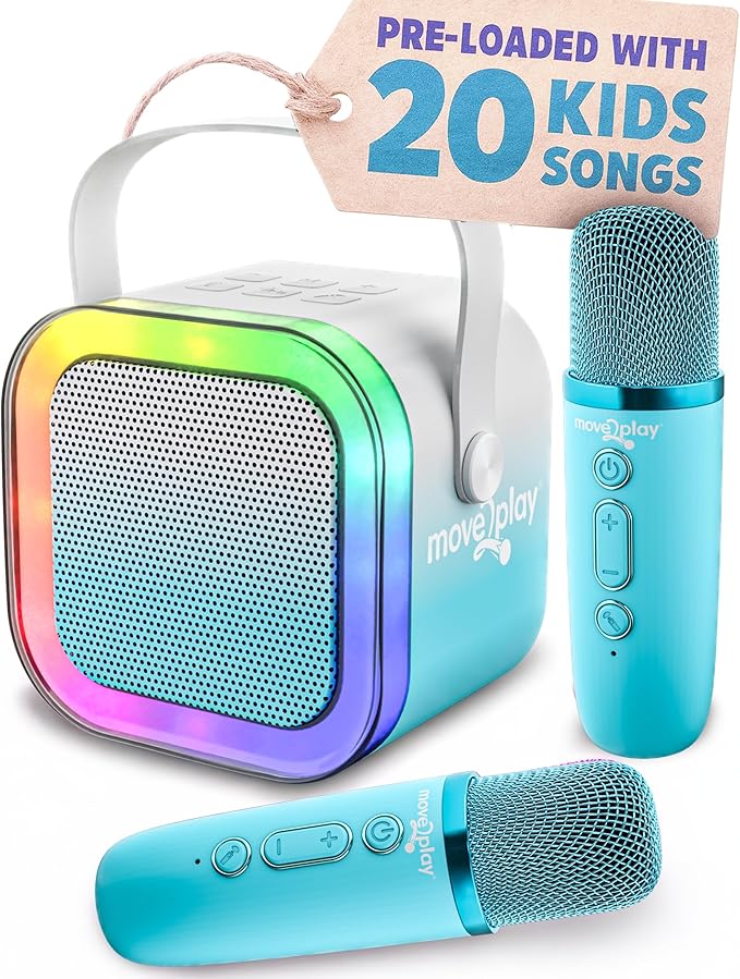 Move2Play, Mini Karaoke Machine for Kids | Built-in 20+ Songs | Bluetooth Speaker with Microphones | Voice Effects | Toddler Music Toy | Christmas Stocking Stuffer | Girls & Boys Age 2, 3, 4, 5, 6+