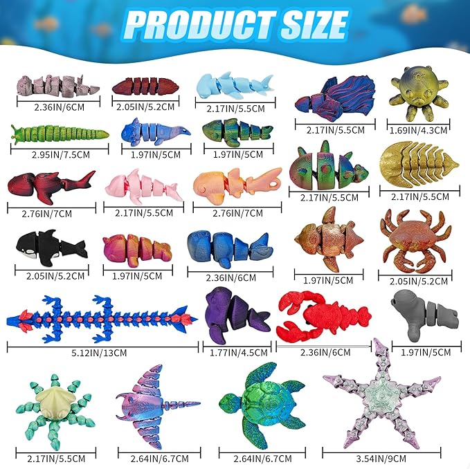 26Pcs 3D Printed Ocean Animals Set, Mini Animals 3D Printed Toys, Ocean Animal Figurines Toys, Fidget Articulated Flexible Toy for Party Favors Birthday Gifts Office Desktop Christmas Decoration