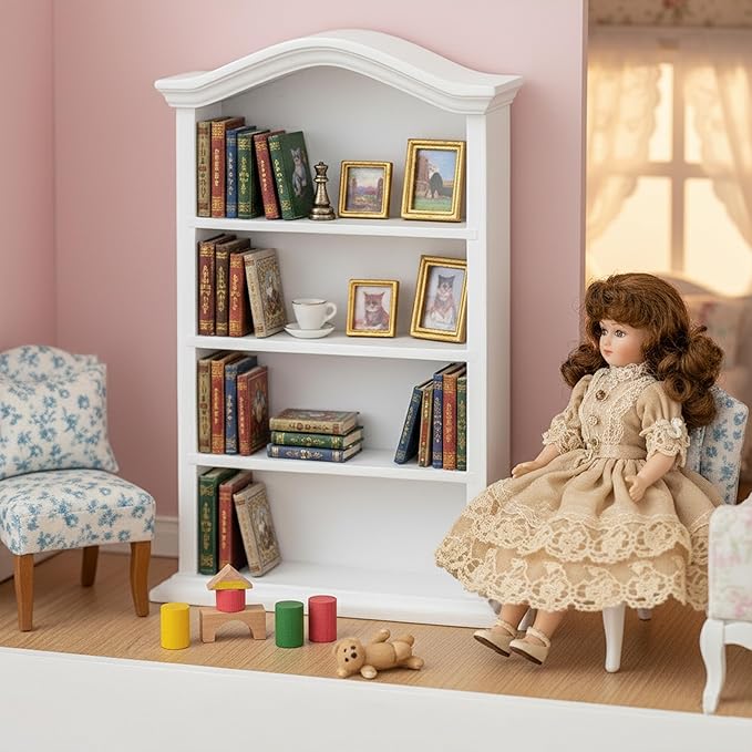 Miniature Book Shelf 1:12 Mini Bookshelf Dollhouse Furniture Accessories White Wooden Bookcase for Doll House, Books Storage Shelves, Classic Display Decoration Accessories, Cute Small Items