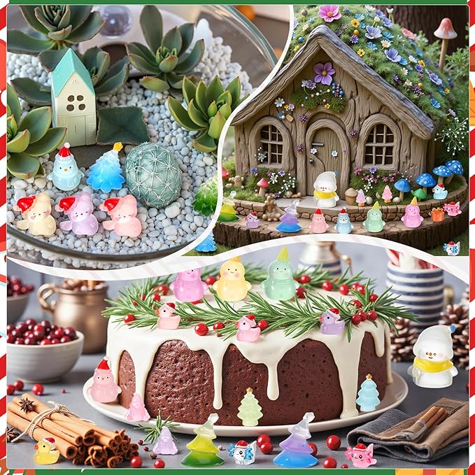 48PCS Mini Christmas Luminous Figurines Christmas Resin Miniatures Glow in The Dark Tiny Figures to Hide Small Snowman Figures for Xmas Goodie Bag Mini Presents for Crafts
