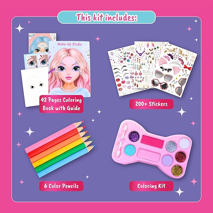 BSCOOL Make-up Artist. 3 in 1 Fun Makeup, Sticker, Coloring Kit, Includes Color Pencils, Makeup Palette, and 200+ Stickers. for Girls Ages 5,6,7,8. Christmas Gift for Girls
