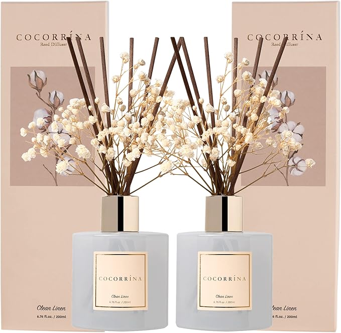 Cocorrína Reed Diffuser Set, 6.7 fl.oz Clean Linen 2 Packs Scented Diffuser with Sticks Home Fragrance Reed Diffuser for Bathroom Shelf Decor