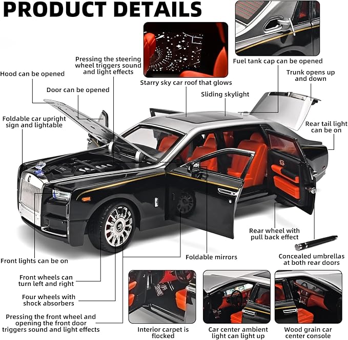 Car Toys for Boys 1/18 Diecast Cars Phantom Model Car Kits Collectible Suitability for Children and Adults,Pull Back Cars with Light and Sound,Toy Cars for Boys Age 4-7（Silver）