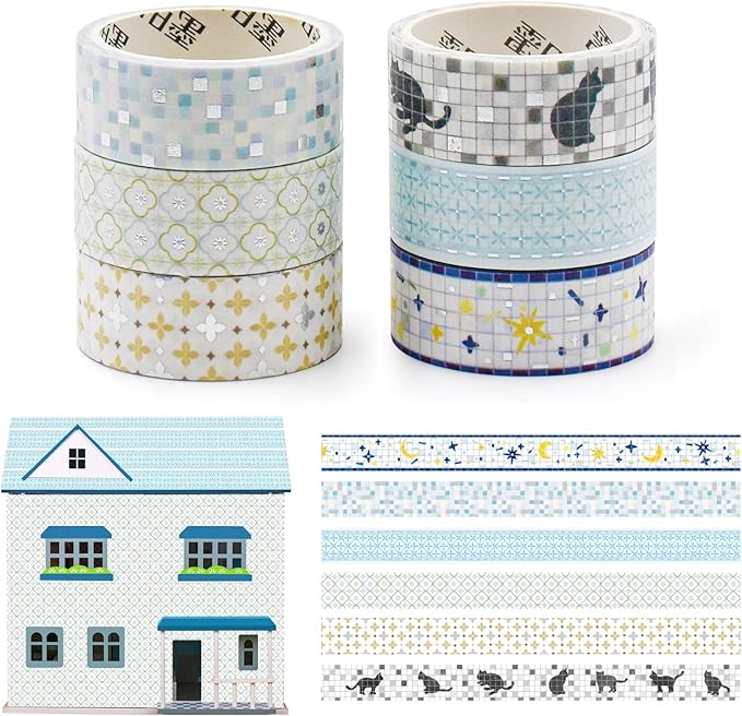 6 Rolls Miniature Dollhouse Wallpaper and Flooring Peel and Stick Mini Stone Brick Tile Tape Stickers DIY Self Adhesive Dollhouse Accessories