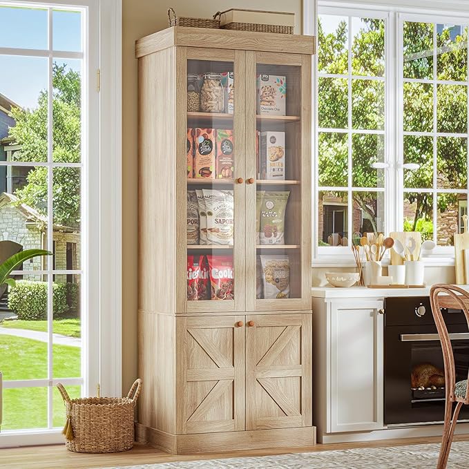 71" Tall Farmhouse Kitchen Pantry, Large Storage Cabinet with Glass Doors, Adjustable Shelves, 3 Drawer, Wood Versatile Hutch Cabinet for Dining Room, Living Room, Brown 4 PCS