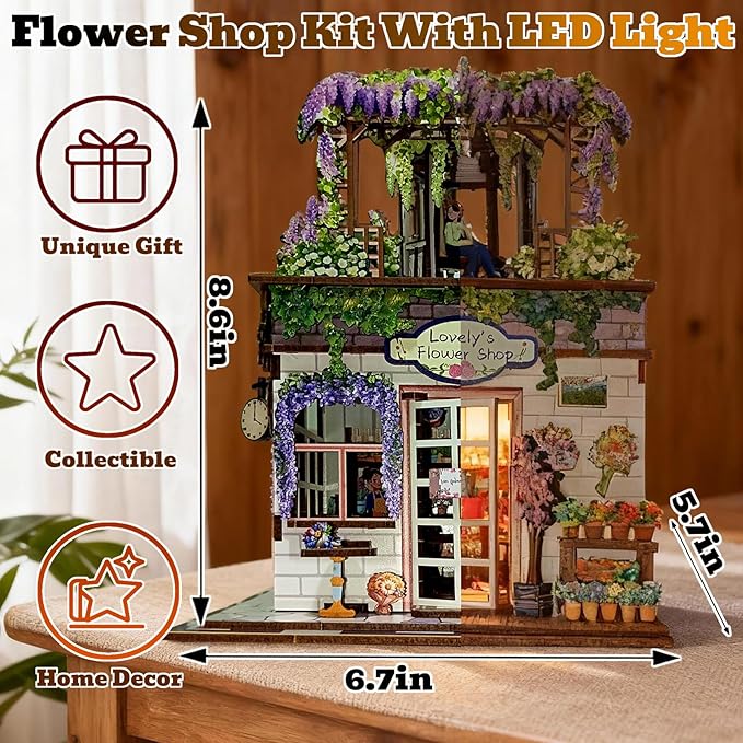 3D Wooden Puzzles Book Nook Kits for Adults Miniature House Building Kits, DIY Tiny Wooden Crafts Model Bookshelf Decor with LED Lights, Gifts for Family, Friends, Christmas(Flower Shop)