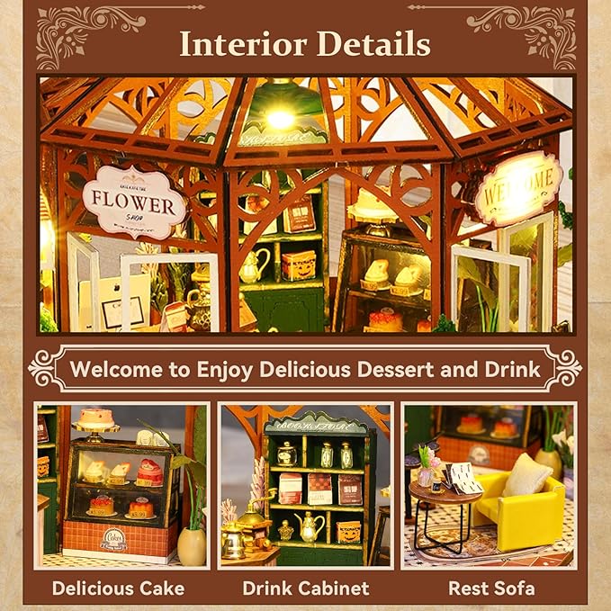 DIY Miniature House Kit, Mini Mocha Coffee Shop Building Set, 3D Wooden Dollhouse with Dustproof Cover, Creative Handmade Home Decoration, Gift for Adults Teens Birthday Christmas