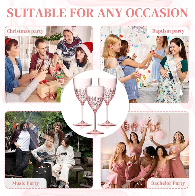 SKLENICE 24 pcs Plastic Pink Wine Glasses Set 7.4oz Detachable Small Wine Goblet Champagne Flutes Unbreakable Vintage Diamond Stemware Mimosa Drinking Glassware for Wedding Christmas Event Party