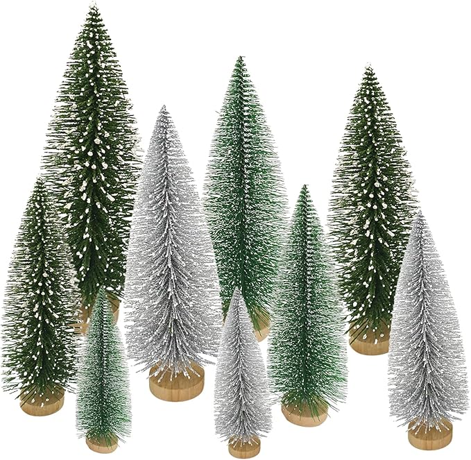 Yahpetes Christmas Trees 9 Pcs Artificial Bottle Brush Tabletop Trees Christmas Table Decorations for Xmas Holiday Party Decor (Silver,Green,Dark Green 9Pcs)