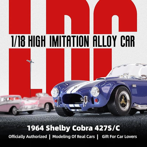 1964 Shelby Cobra 427S/C 1:18 Scale Diecast Model Premium Alloy Sports Collection Cars with Display Case, Working Steering, for Kids Men and Teens Dad 14+ Year