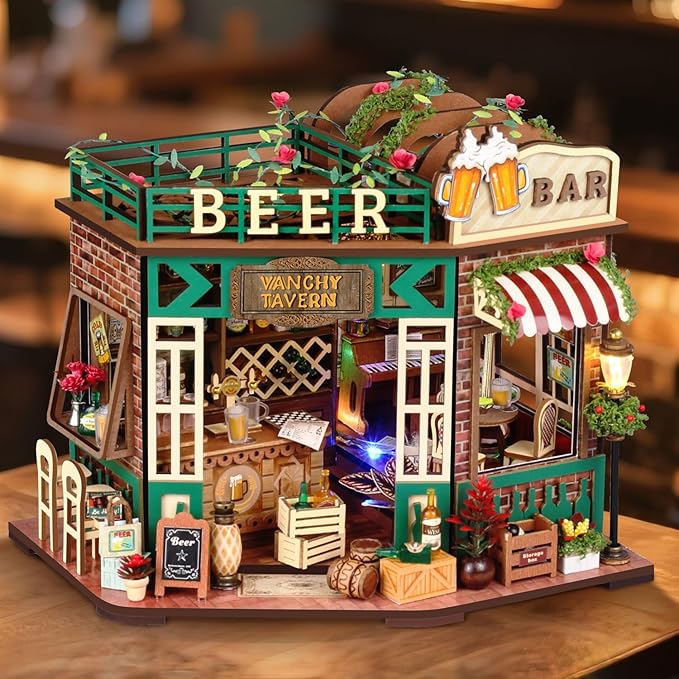 TuKIIE DIY Miniature House Kit with Furniture, 1:24 Scale Creative Room Mini Wooden Christmas Dollhouse Book Nook for Kids Teens Adults(Beer Bar)