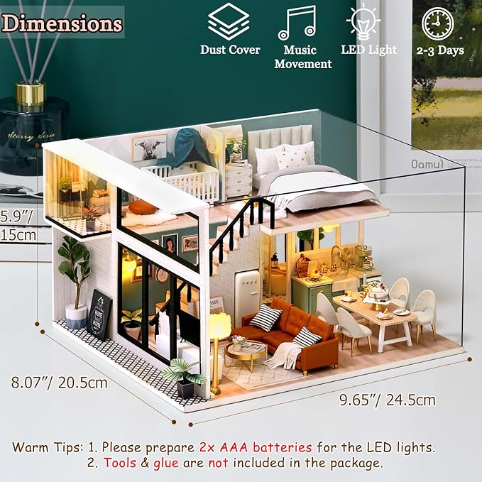 TuKIIE DIY Miniature Dollhouse Kit with Furniture, 1:24 Scale Creative Room Mini Wooden Doll House Accessories Plus Dust Proof & Music Movement for Kids Teens Adults(Comfortable Life)