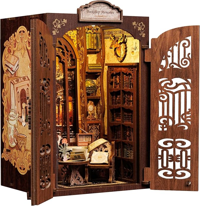 CUTEBEE Book Nook Kit - DIY Miniature House Dollhouse Kit for Adult and Teens, Booknook Bookshelf Decor Alley Model Build with LED Light, Gifts for Family and Friends (Bookshop Memories)