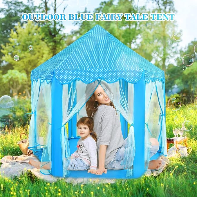 wilwolfer Princess Tent for Boys Fairy Castle Play Tents for Kids Toddler, Hexagon Kids Playhouse, Princess Toys & Gift for Girls Aged 3+ for Indoor & Outdoor Play (Blue)