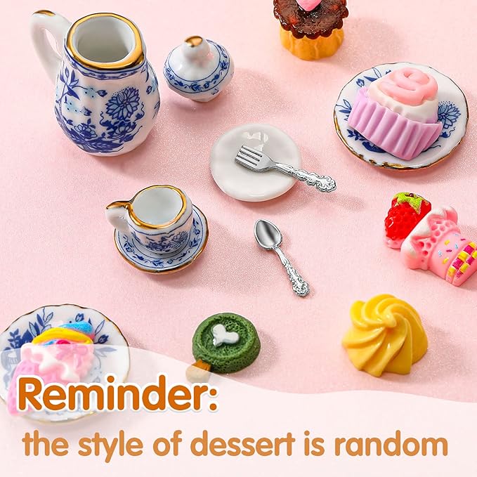 41 Pieces 1:12 Scale Miniatures Dollhouse Kitchen Accessories 15 Porcelain Tea Cup 16 Mini Doll Plate Knife Fork Spoon 10 Miniature Decor Dessert Pastry Cake Table Decor for Cook Party (Retro Style)