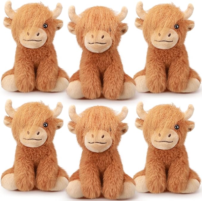 6 Pcs Highland Cows Stuffed Animal 6 Inch Realistic Scottish Stuffed Highland Cow Cattle Plush Toys Fluffy Animal Decor for Stress Relief Boys Girls Birthday Favors Gifts Forest Party Decor
