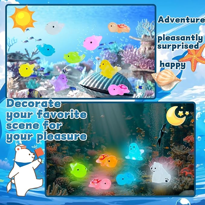 65 Pcs Luminous Mini Sea Animals Small Turtles Dolphins Seals Polar Bears Figurines Glow in The Dark Tiny Ocean AnimalsSets for Garden Landscape Aquarium Hide and Seek Prank Cake Decoration