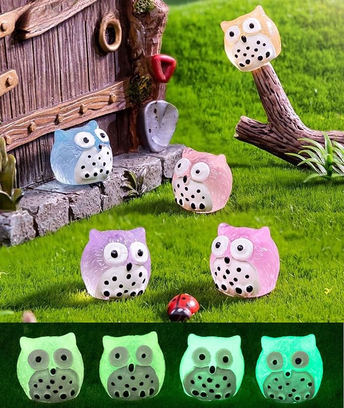 40 Pcs Luminous Mini Resin Owls, Glow in The Dark for Dollhouse, Fairy Garden, Garden Miniatures, Plant Décor and Car Accessories