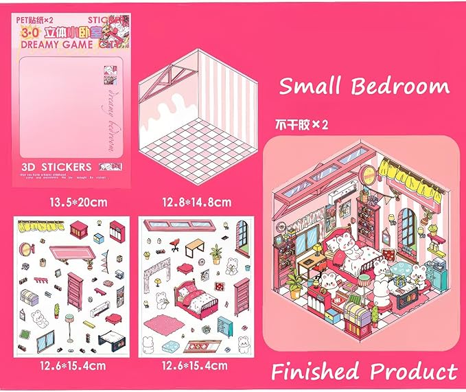 DIY 3D House Stickers for Teens & Adults - 4 Sets Isometric Miniature Room Sticker Book, Cute Cartoon Animal Stickers, Creative Craft for Stress Relief, Home Decoration, and Fun Activity