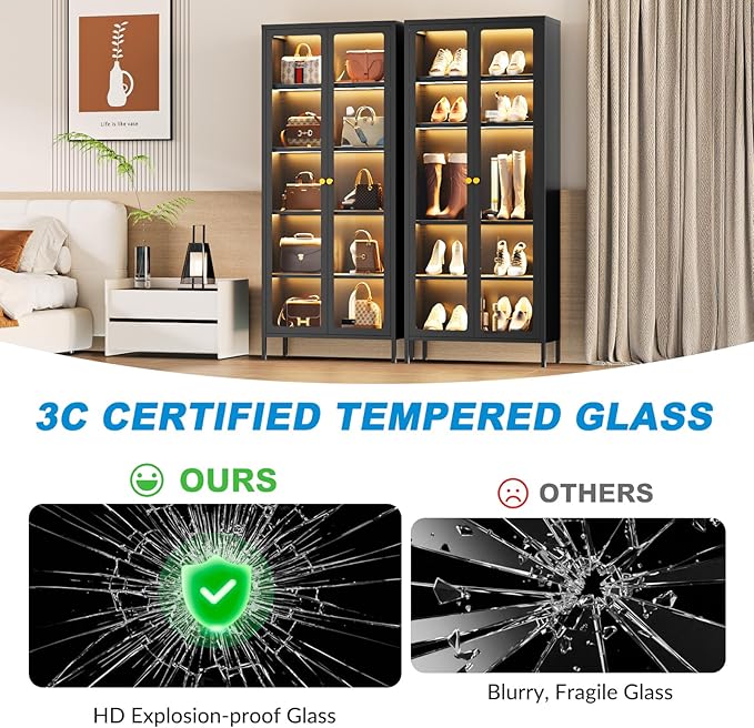 5-Tier Display Cabinet with 13-Color Light, 67" Tall Bookcase Bookshelf with Glass Doors & Adjustable Shelves, Metal Storage Cabinet Display Case for Collectibles Curios Trophies - Black