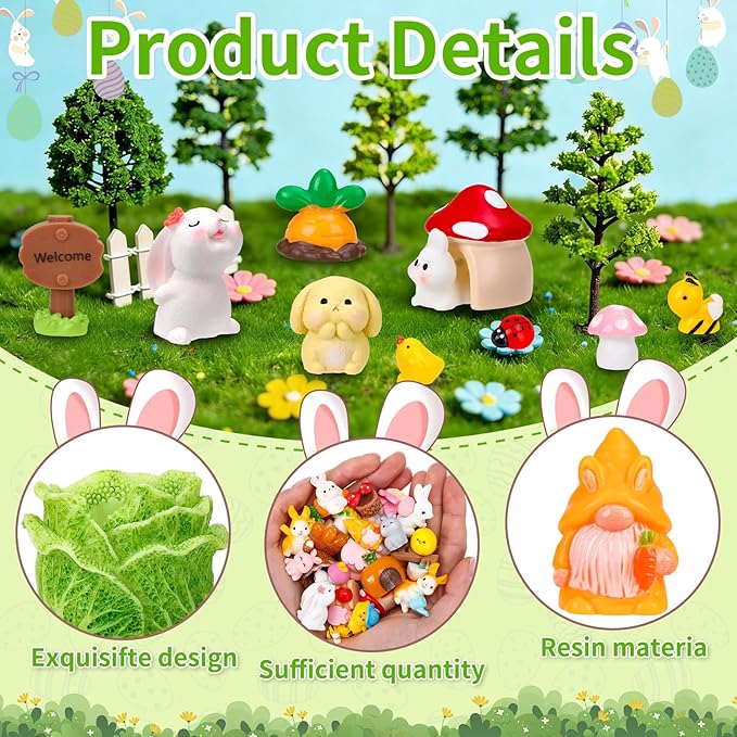 56 Pcs Easter Mini Resin Figures 56 Style Little Figures to Hide Tiny Small Bunny Chick Basket Carrot Bulk Miniature Figurines for Easter Egg Fillers Party Favors Fairy Garden Dollhouse Table Decor