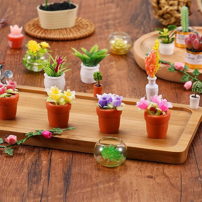 Luinabio 26 Pieces Dollhouse Plant Miniature Bonsai Mini Potted Plant Flower Model Tiny Fake Greenery Ornament Dollhouse Decoration(Stylish Style)
