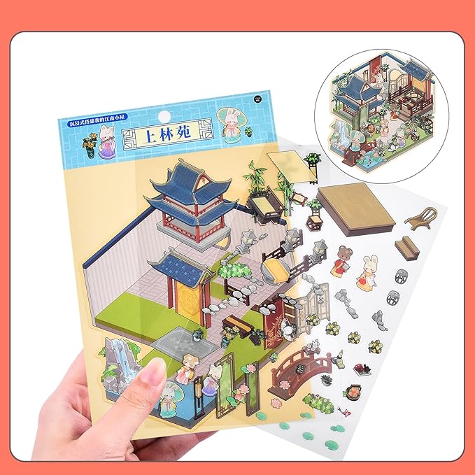 DIY 3D Fun House Stickers, 4 Sets Miniature Cute Rabbit Room Scene Stickers Make Your Own Mini Vintage Building Sticker Scenes for Adult Relief Stress Pass The Time