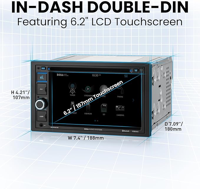 BOSS Audio Systems BVB9364RC Car Stereo - Double Din, 6.2 Inch Touchscreen, Bluetooth, CD DVD Player, AM/FM Radio Receiver, Backup Camera, USB, SD, Wireless Remote Control