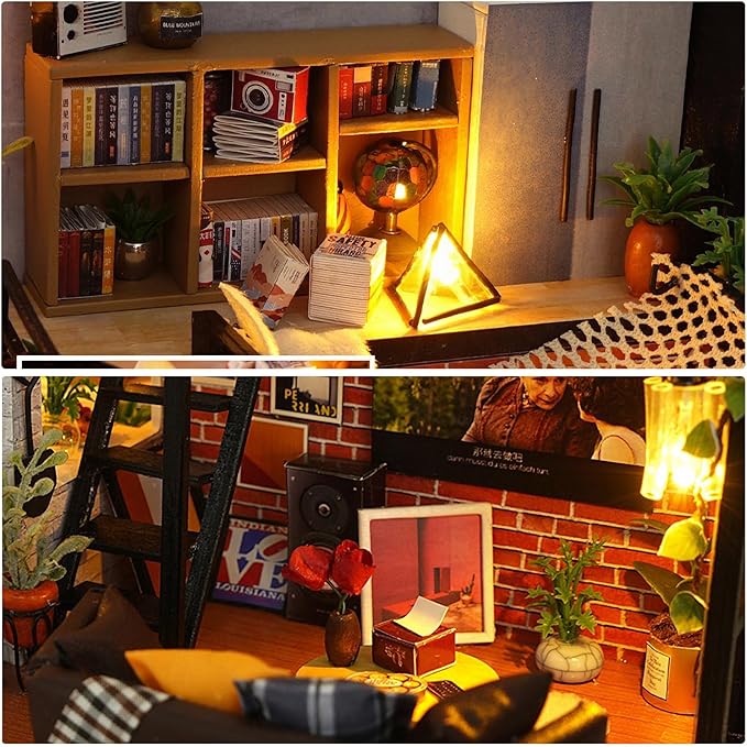 DIY Miniature House Kit, Dollhouse Kit with Dust Cover, Mini House Building Kits for for Adult to Building, Christmas Home Decorations Gifts for Family and Friends, Loft