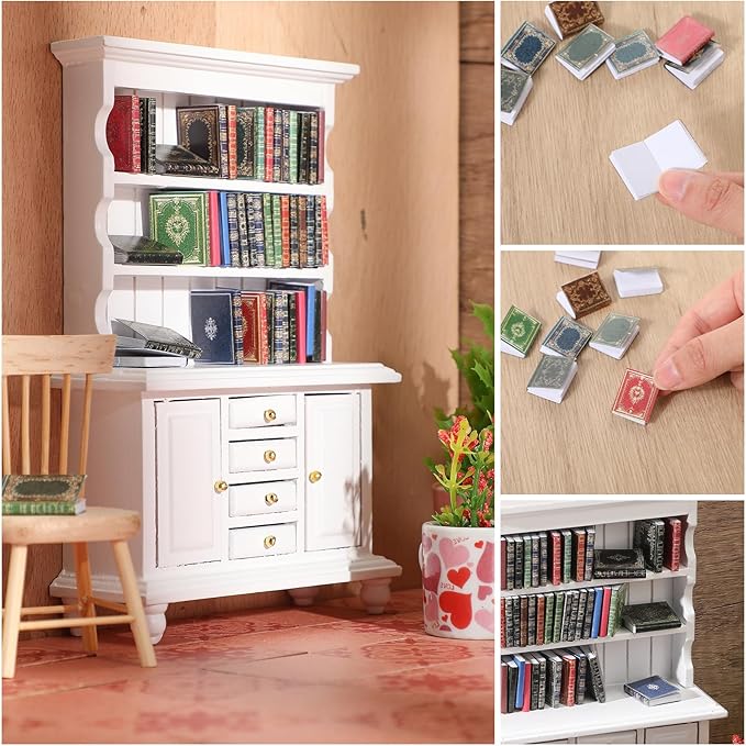1:12 Scale Dollhouse Miniature Wooden Bookshelf Bookcase with 48 Pcs Miniature Books Mini Tiny Books for Dollhouse Mini Library Decoration Book Lover’s Reading Nook Gift(White)