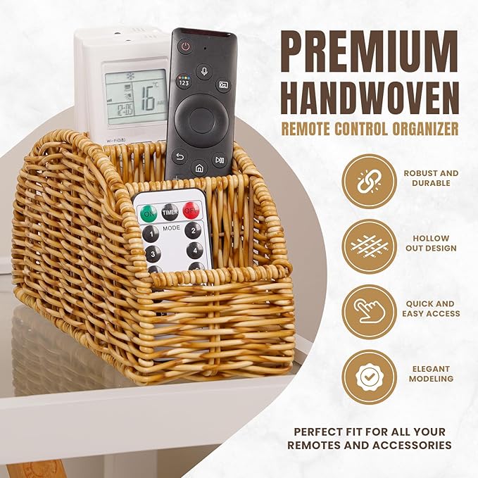 5-Compartment Remote Control Holder – Synthetic Rattan Organizer for TV Remotes, Makeup Brushes, Office Supplies, Stylish Wicker Desk Caddy for Living Room, Bedroom, Office, Patent Pending (Natural)