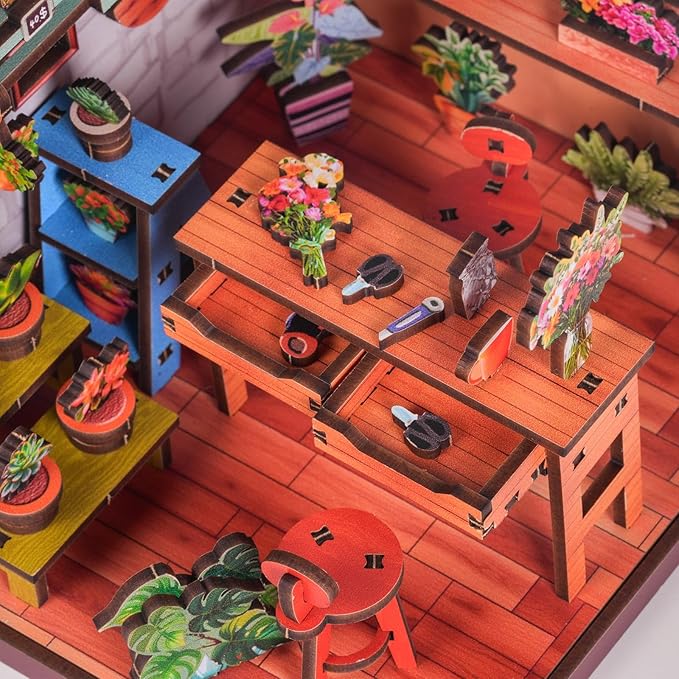 Book Nook Kit - DIY Miniature House Kit for Adults, Teens, and Kids, 3D Wooden Puzzles with LED Light, Dollhouse Craft Kit for Family and Friends, Great Gift Idea (Flower Shop Corner)