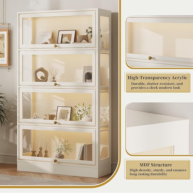 Display Cabinet with Acrylic Glass Doors,4-Tiers Curio Cabinet with LED Lighting for Collectibles, Collectibles Toy Organizers Rack & Display Shelf Display Case Storage Cabinet, Antique White