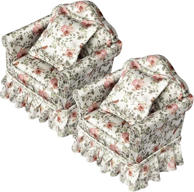 iLAND Dollhouse Furniture of Miniature Couch The Great Doll House Furniture Set for 1/12 Accessories, Elegant Rose and Birds Pleated Single Sofas 2 Pcs Customized Fabric and Amazing Handiwork