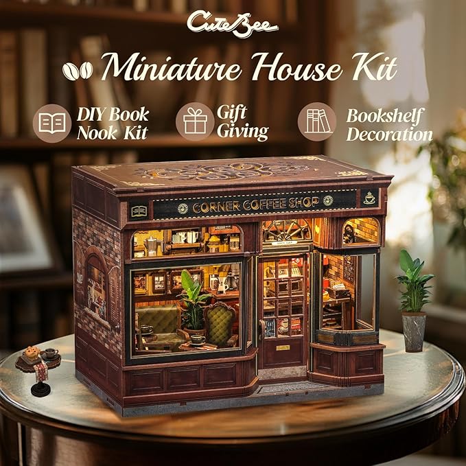 CUTEBEE Book Nook Kit - DIY Miniature House Kit for Adults, Teens and Beginners, Dollhouse Booknook Library Tiny House Bookshelf Decor 3D Wooden Puzzle, Gifts for Family, Friends