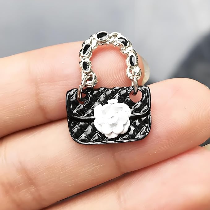 2 Pcs Miniature Fashion Girl Handbags with Rose Pattern – 1:12 Scale White & Black Metal Satchels, Tiny Dollhouse Accessories for Micro Scene Decoration, DIY Display, Collectible & Creative Home Décor