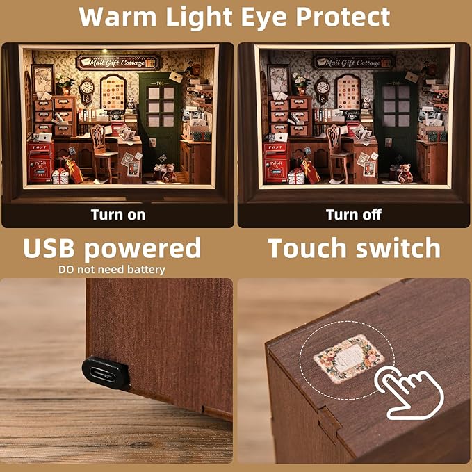 Book Nook Kit-3D Wooden Puzzle with LED Switch Control & Wall-Mountable Frame,DIY Miniature House for Beginners,Bookshelf/Tabletop/Wall Decor for Craft Lovers,Dollhouse Gift,Mail Gift Cottage