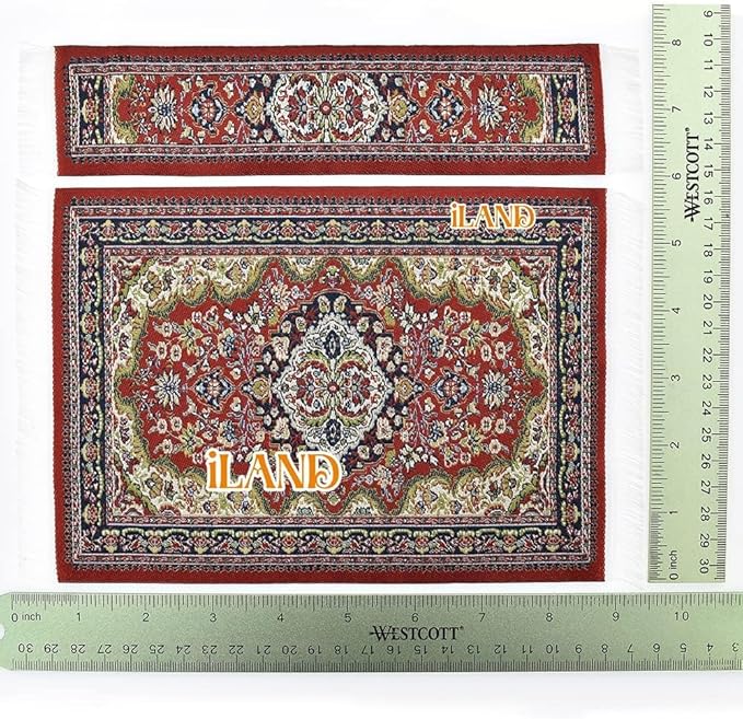 iLAND Miniature Dollhouse Accessories Vintage of Woven Dollhouse Rug 9.4” x 5.7” 9.2" x 1.8" for Dollhouse Furniture on 1/12 Scale and Dolls 3” - 12” (2pcs Love)