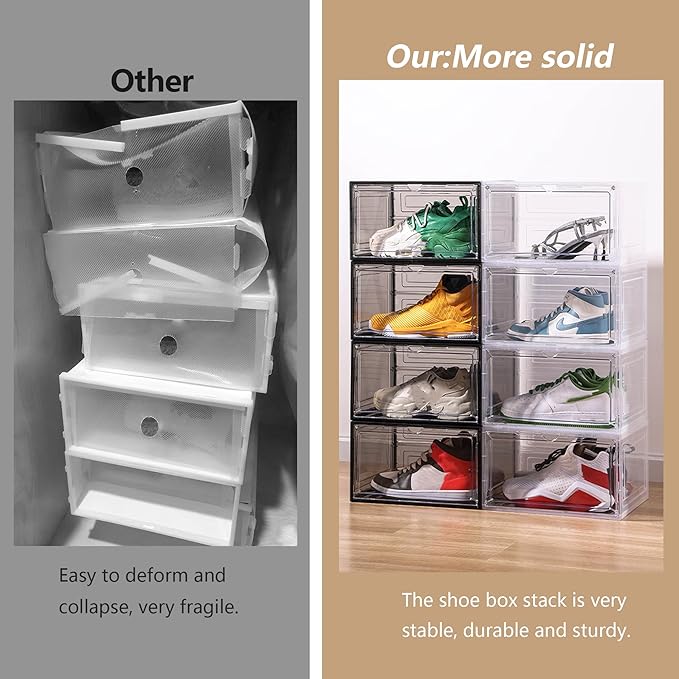 Clear Shoe Box Plastic Stackable Upgraded 6 Pack Shoe Storage Box Organizer with Clear Large Magnetic Door for Display Sneakers Easy Assembly, White