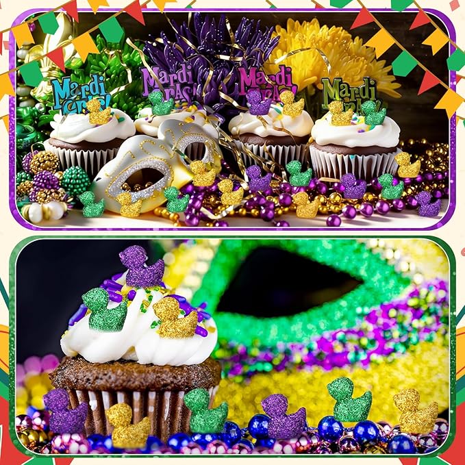 Yaocom 100 Pcs Mardi Gras Mini Glitter Duck Statue Purple Green Yellow Glitter Duck Figurines Micro Garden Landscape Dollhouse Cake Decoration Potted Plants DIY Craft Charms for Mardi Gras Party Gift