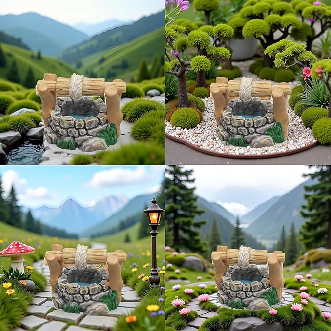 jeeone Mini Lighthouse Water Well Bridge Figurines Miniature Gardening Pool Lawn Running Water Terrarium Stone Bridge Figurine Micro Landscape Indoors Outdoors Decorative Accessory