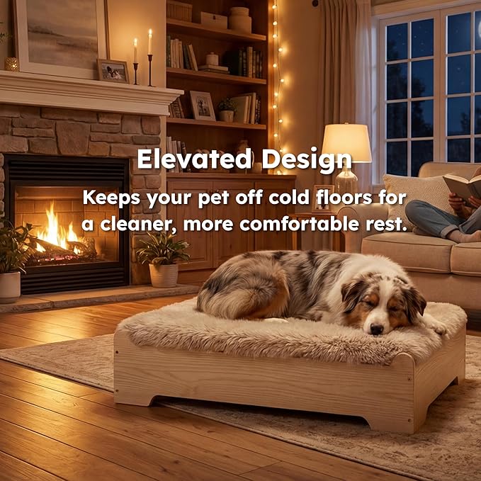 GLOSSGODS Elevated Dog Bed and Mattress with Removable Washable Cover, Egg Crate Foam, Wooden Frame, Suitable for Pet Up to 40 lbs, Naturalwood S