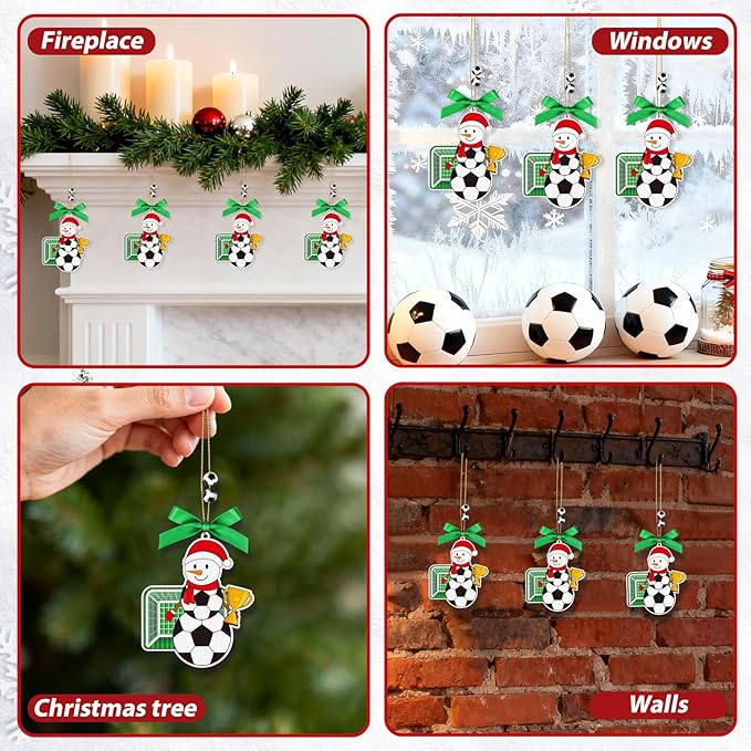 4.3 Inches Snowman Soccer Christmas Ornament, Wooden Soccer Snowman Tree Ornament Hanging Decoration for Rearview Mirror, Window, Eaves, Fireplace and Home Holiday Party Decor
