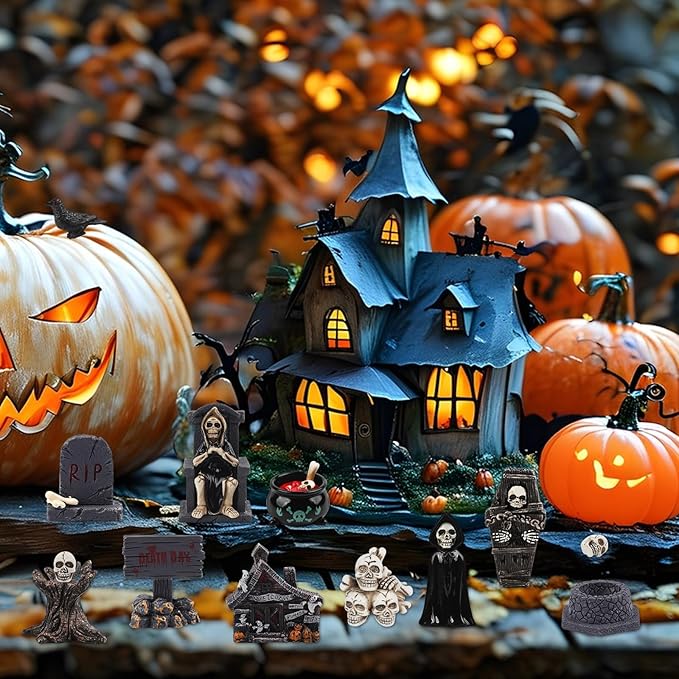 21 PCS Halloween Miniatures Figurines Resin Tombstones Figures Miniature Tombstones Miniatures Skeleton Pumpkin Ghost Ornaments for Halloween Party Favors Fillers Home Tabletop Decor