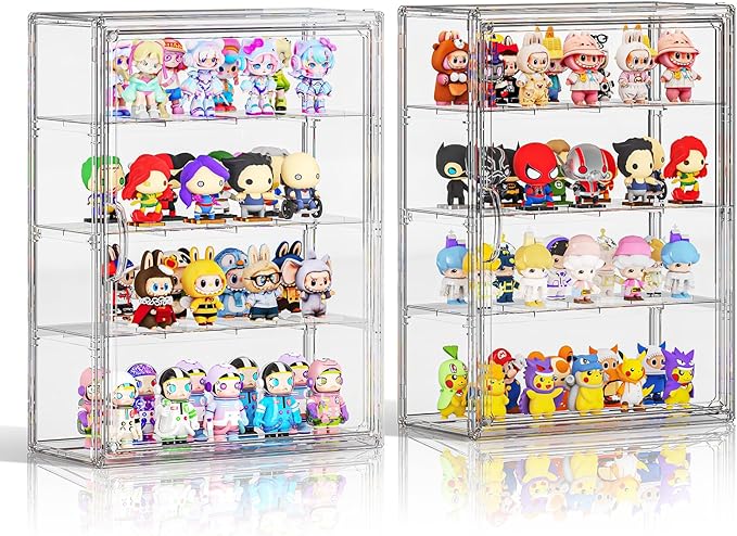 Clear 4 Tiers Acrylic Display Case for Figures Collectibles Wall Mounted Hobby Figurine Display Case with Shelves, Display Shelf Storage Box for Labubu Action Figures, Car Model, XXL, 2 Pack